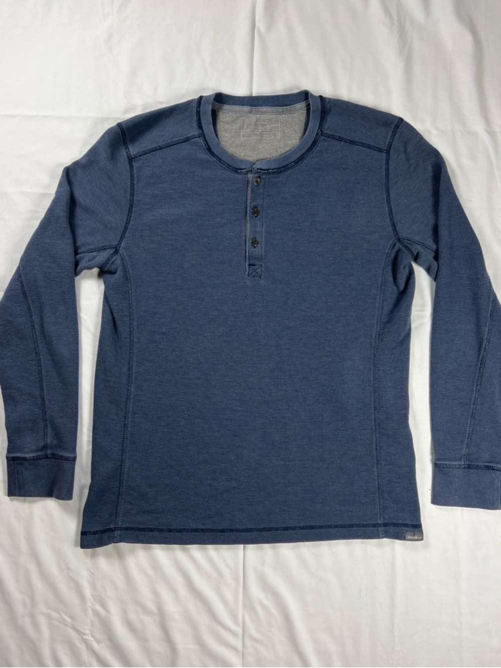 Eddie Bauer Waffle Knit Henley Shirt Mens Large Blue Thermal